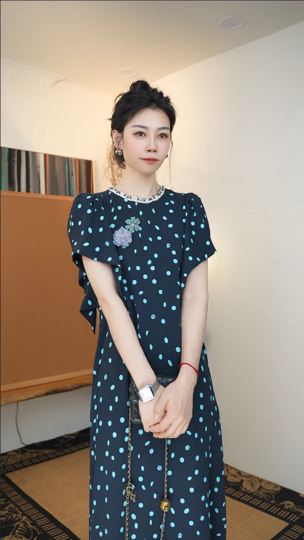 瑟伦莎【舒奇雅】度假风清爽蓝色波点长裙连衣裙6657