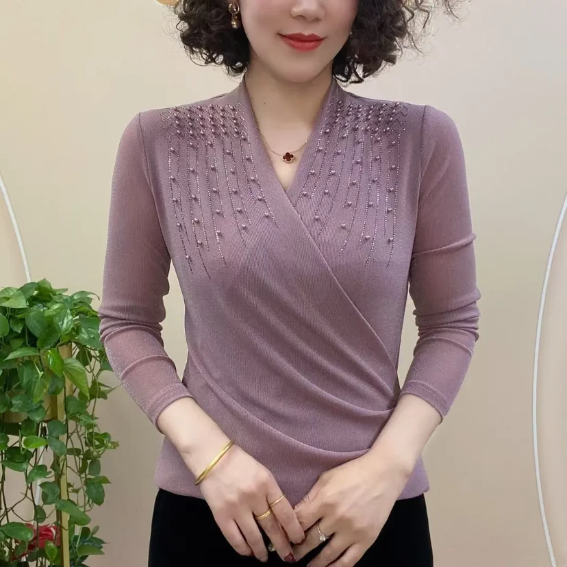 春季新款洋气交叉V领修身显瘦透气小衫女网纱串珠气质中年妈妈装