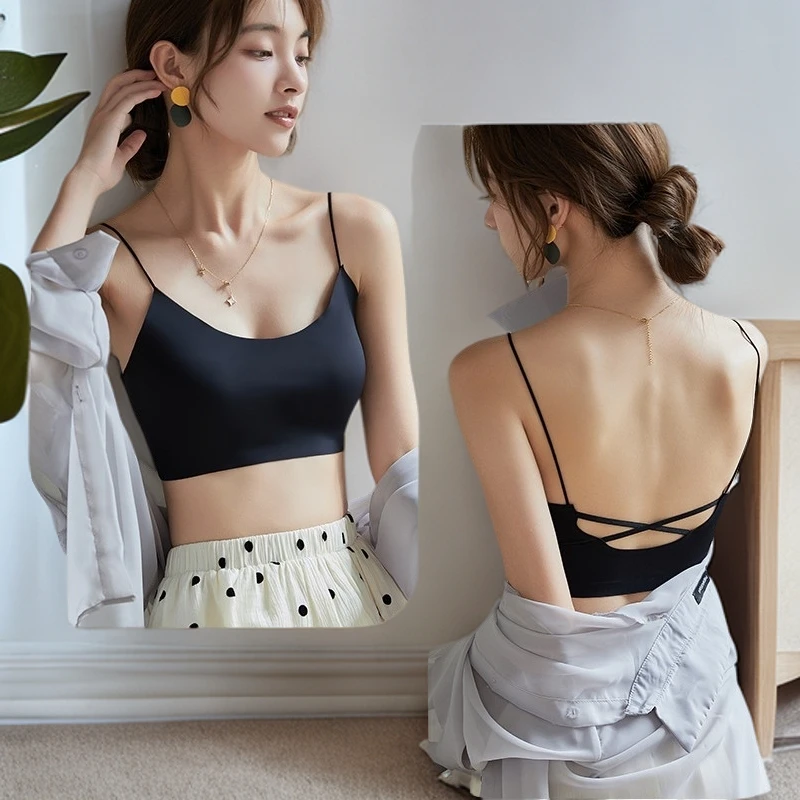 夏季黑色无痕薄款吊带裹胸一体式运动美背内衣女内搭打底