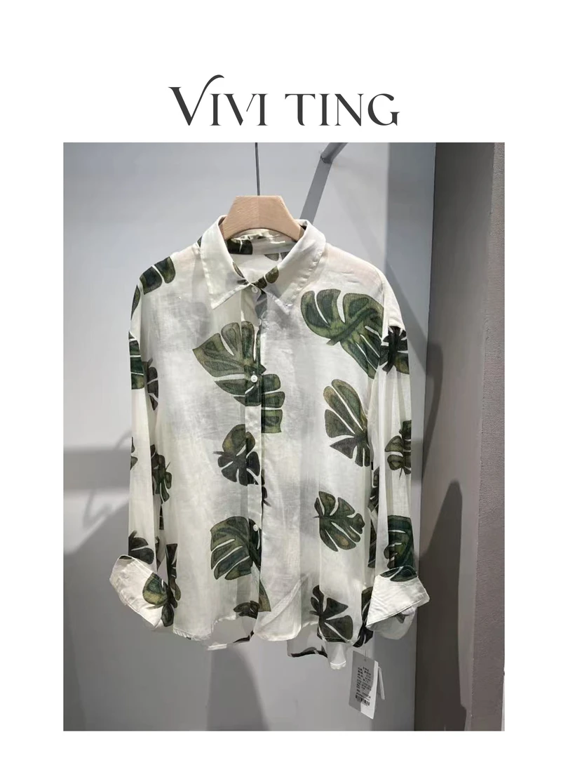 【VIVI·TING】婷姐推荐复古时尚苎麻树叶印花衬衫宽松休闲气质衬衣