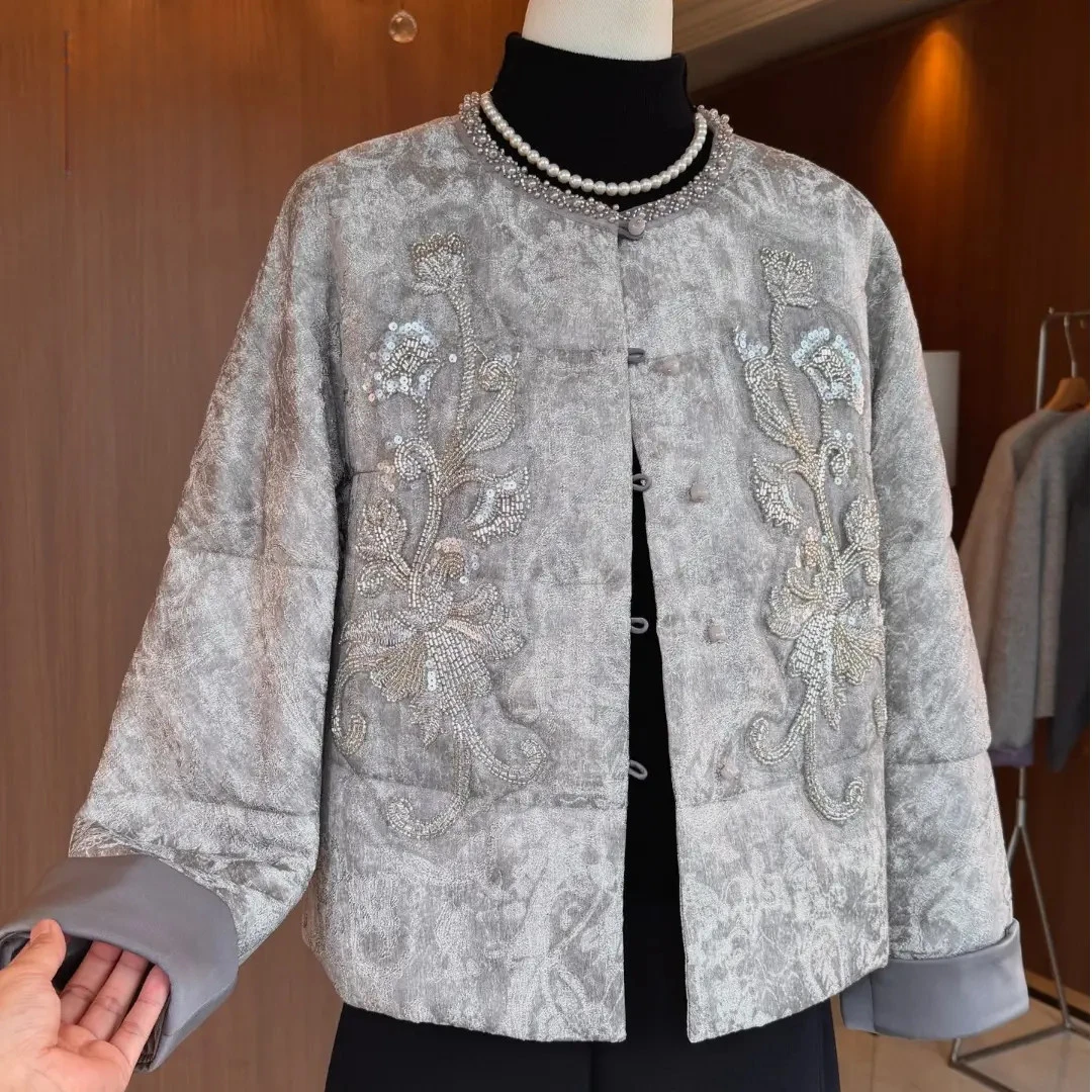 轻奢重工钉珠丝缎提花绵羊毛内胆保暖外套高贵中年妈妈冬装棉衣女