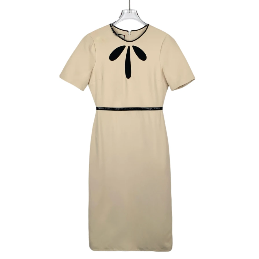 95新 GUCCI/古驰  014607 桑蚕丝混羊毛圆领米色短袖连衣裙 38