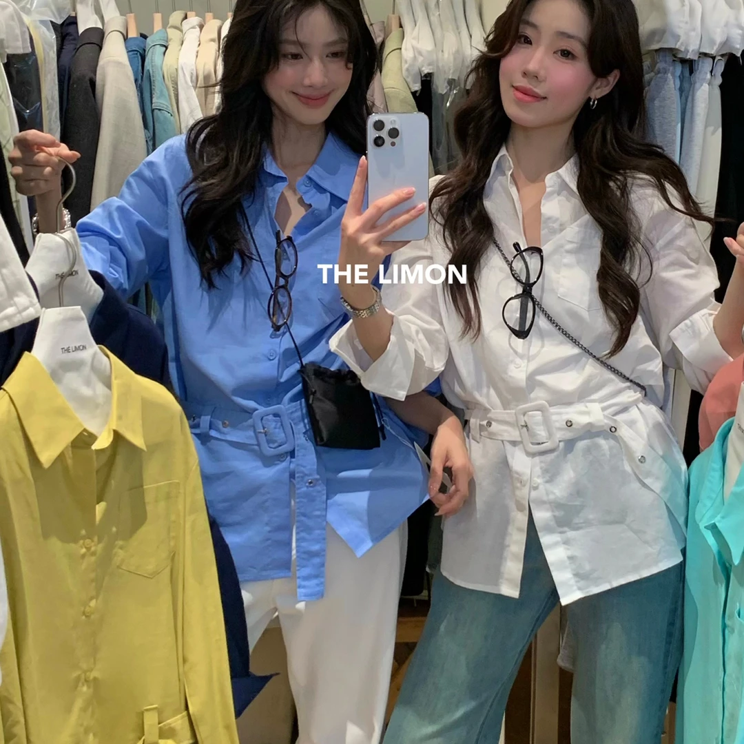 夏上新！亚麻韩系气质通勤口袋收腰显瘦长袖设计感衬衫(配腰带)
