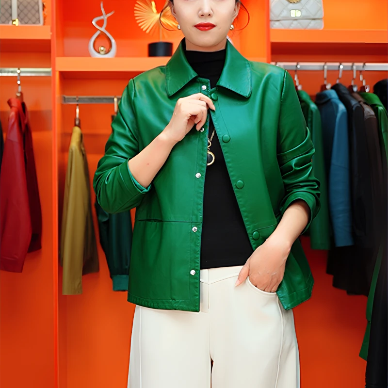 翻领皮夹克标准秋季方领短款常规水洗皮衣外套千金风2088