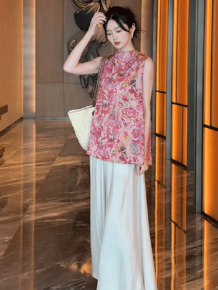 爆款新中式国风提花无袖中长款旗袍上衣+阔腿裤夏季清凉感两件套