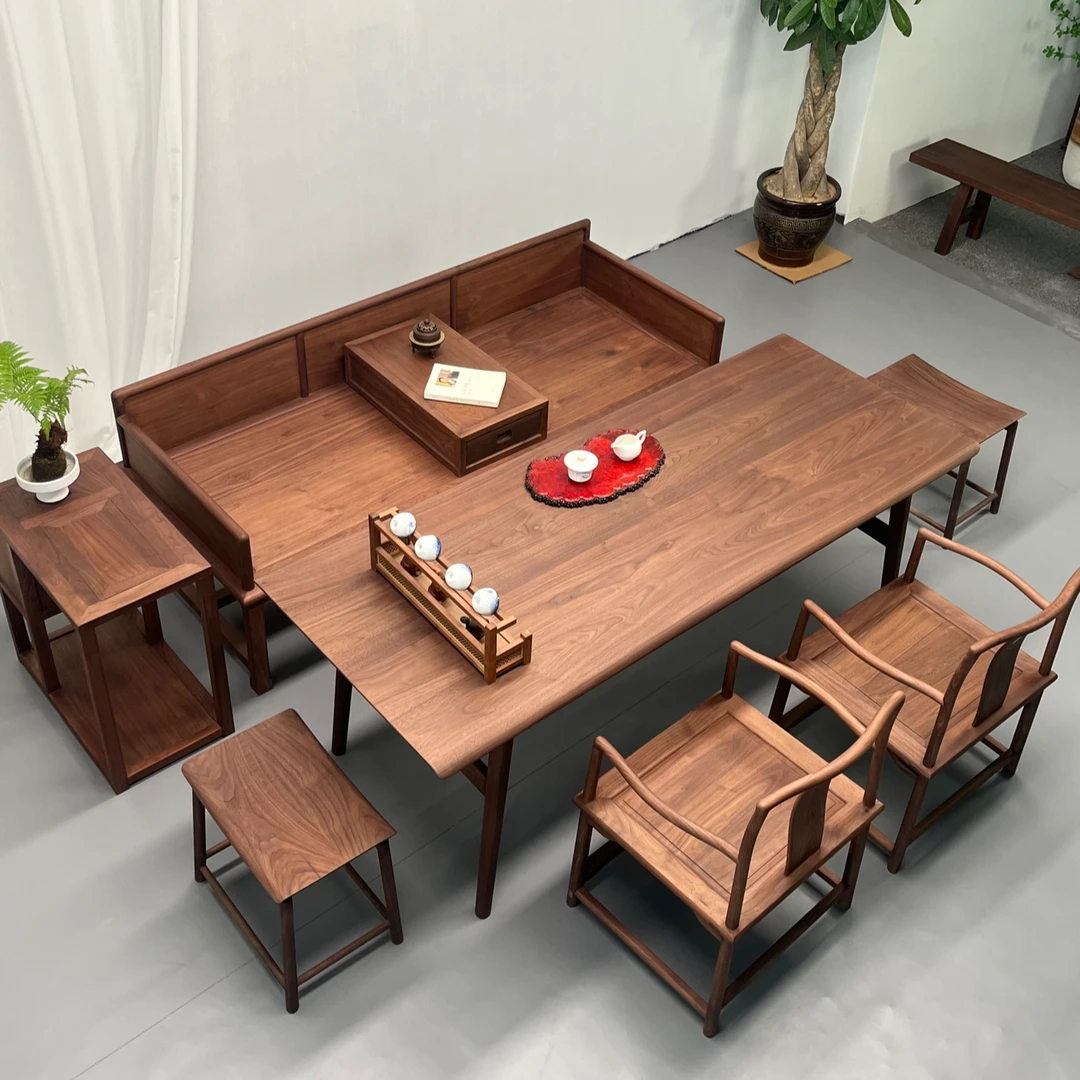 7件套北美黑胡桃木 玄空桌茶桌 搭配罗汉床 海棠椅茶水柜 元宝凳