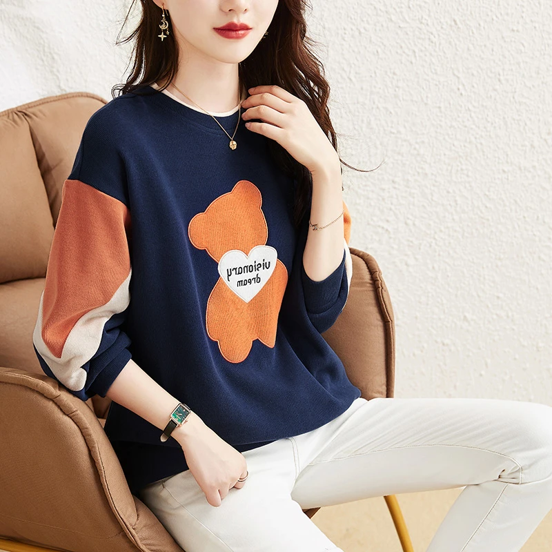 卡通减龄可爱年春秋拼接撞色小熊图案套头卫衣女