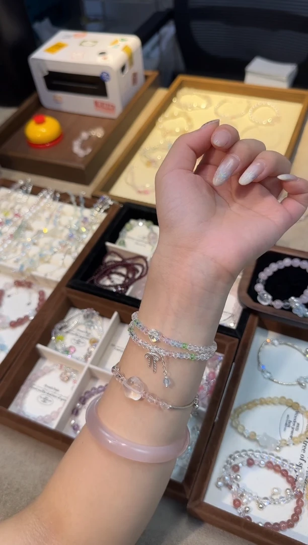 银S925镶嵌手链水晶彩色华子双圈蝴蝶结