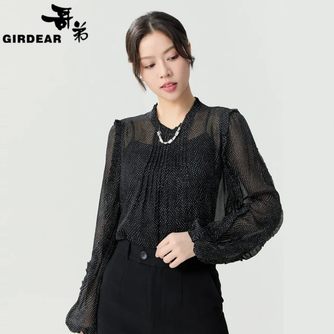 哥弟新款时尚精致优雅气质小系带两件套衬衣休闲百搭衬衫-1301039