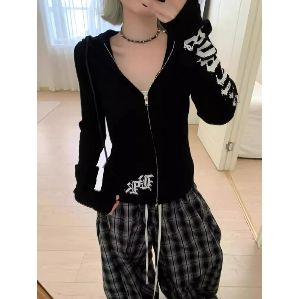 美式复古印花连帽开衫卫衣女春秋修身显瘦辣妹拉链百搭潮牌短上衣