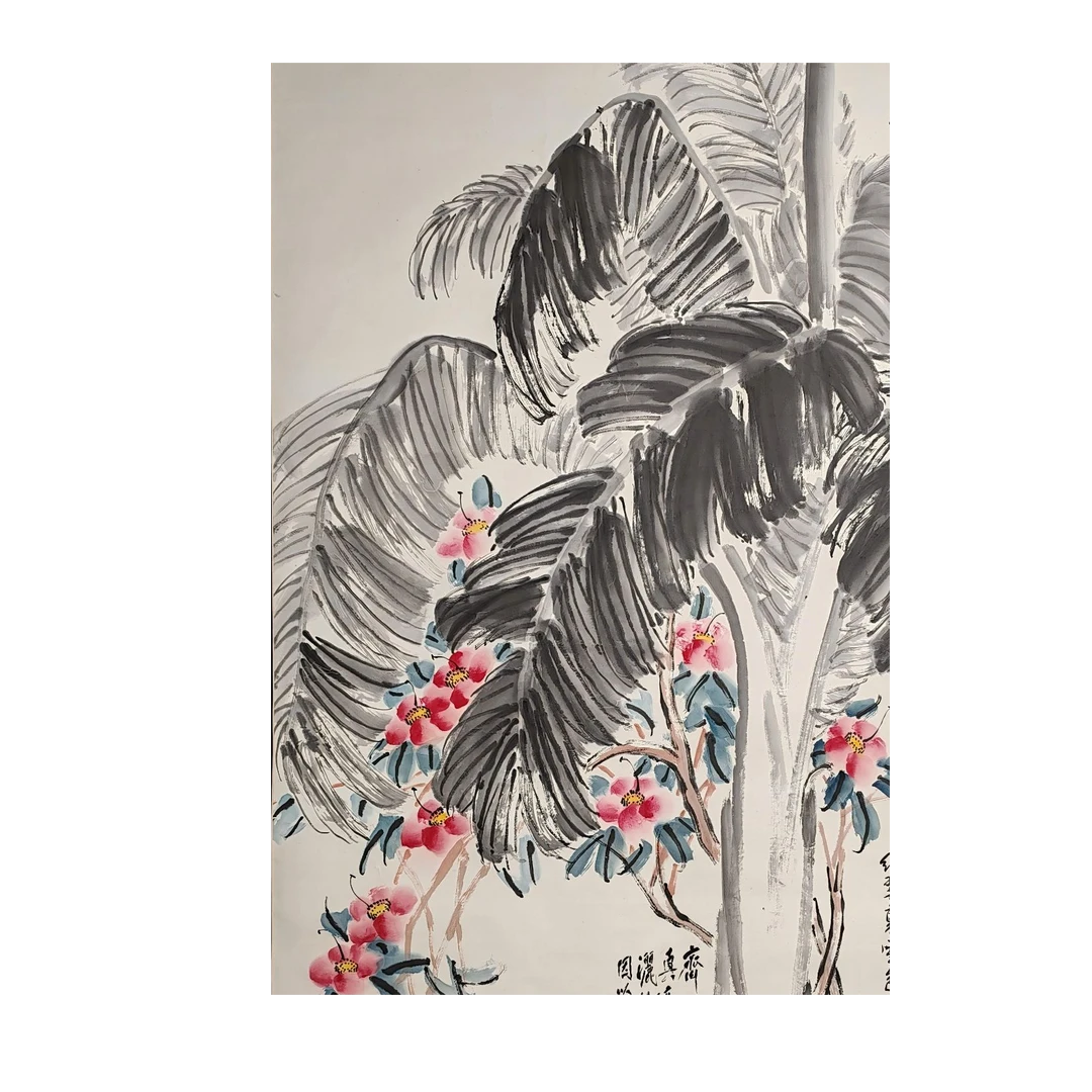 LOT.038  寄萍老人《芭蕉山茶花》153*83cm 纸本设色立轴
