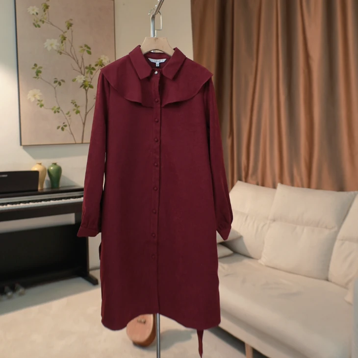 G368 长款系带收腰披肩领衬衫连衣裙女 439C54