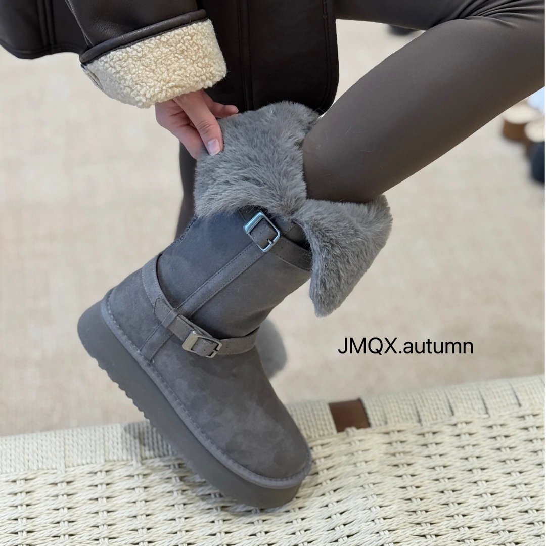 长筒雪地靴高筒厚底防滑可翻折两穿灰色兔毛边加厚保暖棉鞋毛毛鞋