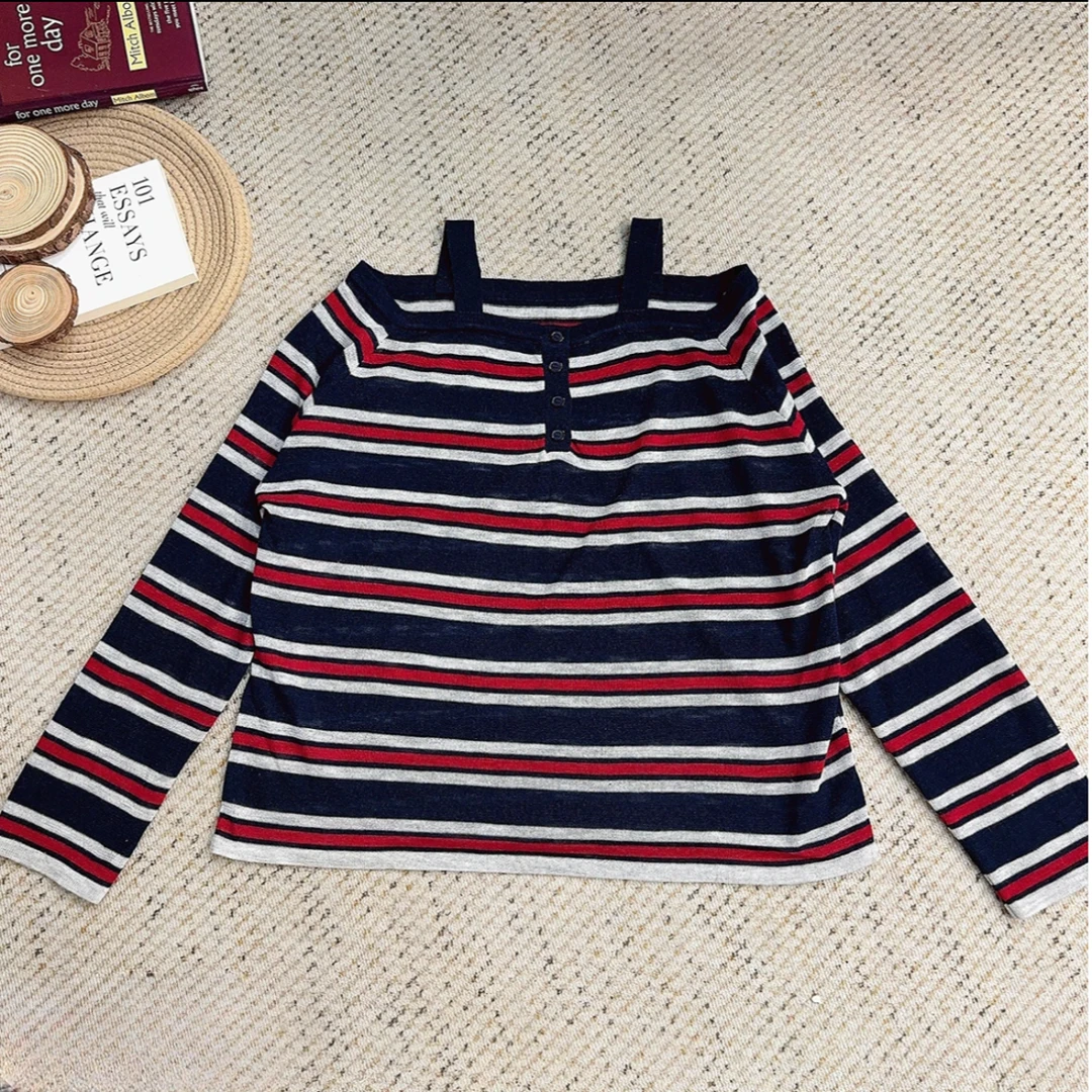 2025秋季新款一字肩条纹针织毛衣长袖T恤C5864