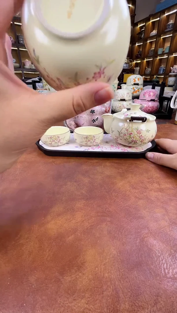 瓷片桃花3杯宝瓶旅行+长方桃花盘