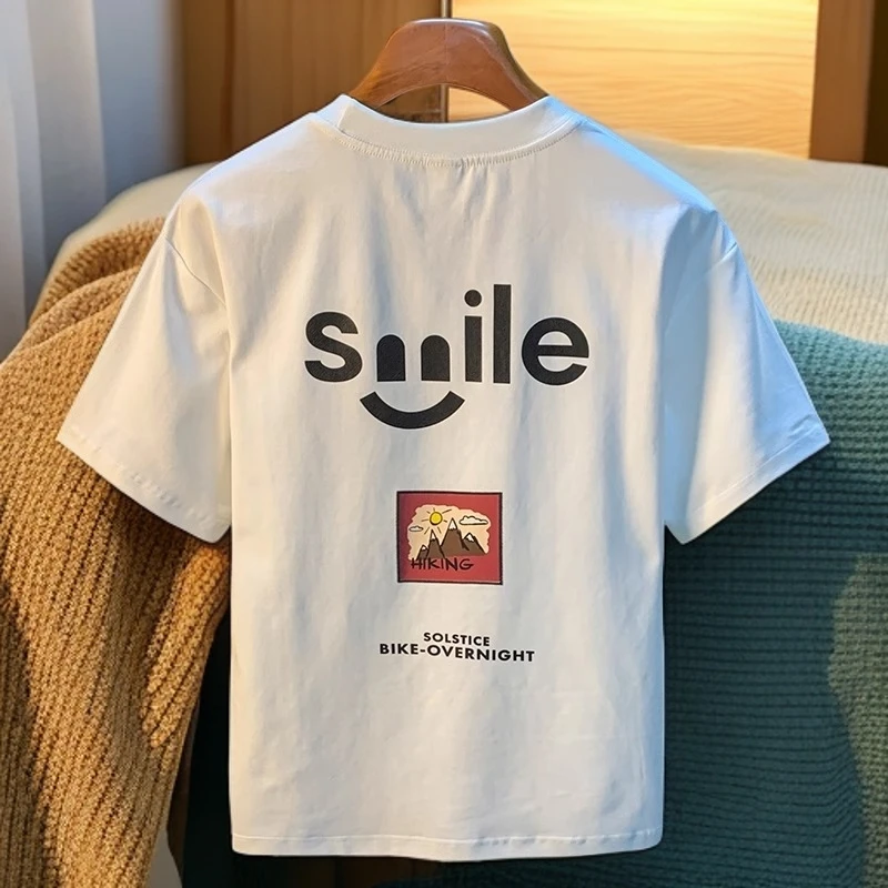 夏季高级感穿搭短袖T恤男士宽松印花T恤衫高克重垂感男t