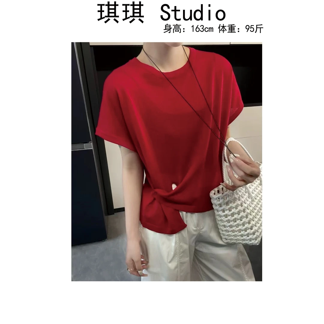 《琪琪家》夏季新款纯色基础简约下摆设计感气质时尚减龄短袖955-O