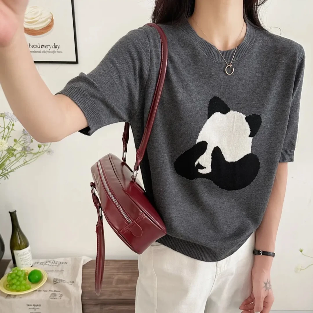 2025新款韩系时尚圆领短袖针织上衣女宽松遮肚气质卡通熊猫T恤衫