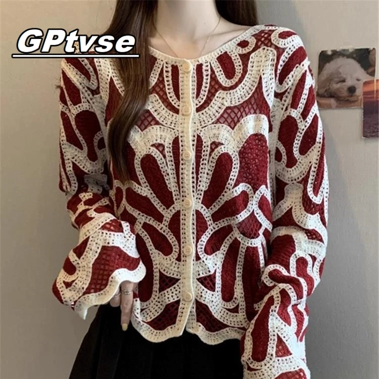 GPTVSE独特超好看镂空红色针织衫秋季2025新款大码女装外套上衣潮