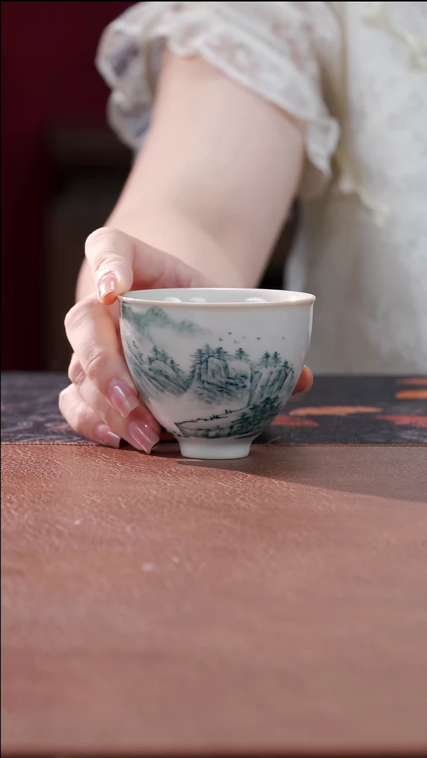 柴烧鸡心杯-山水