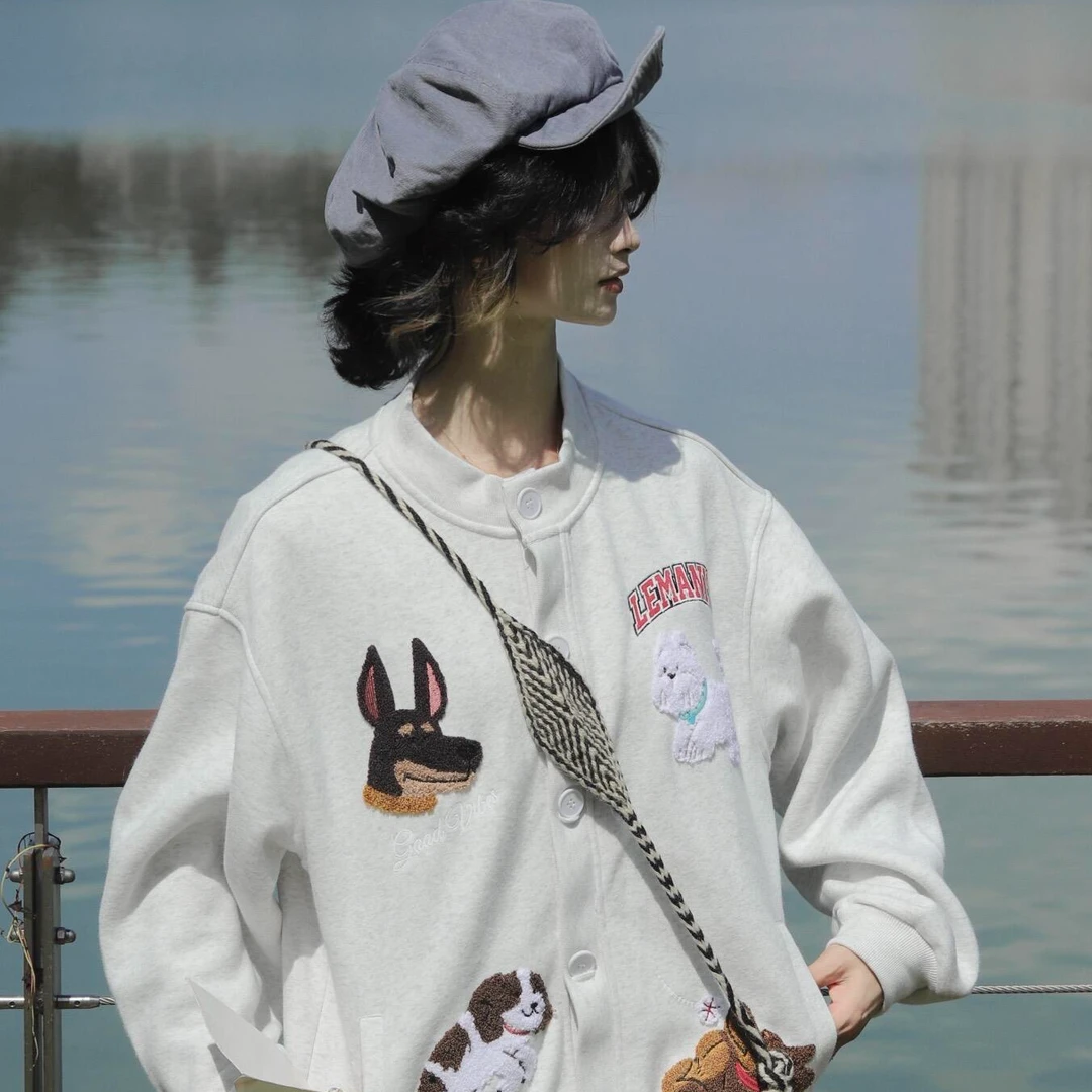 韩版时尚洋气可爱卡通小狗毛巾绣开衫卫衣女韩系慵懒风宽松bf外套
