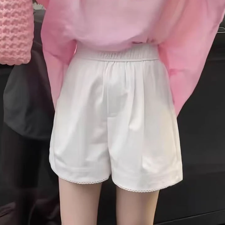 2025夏季新款时尚百搭松紧腰纯色蕾丝花边短裤显瘦休女裤5085长38