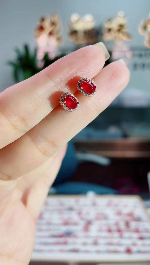 银S925镶嵌耳饰红宝石耳饰