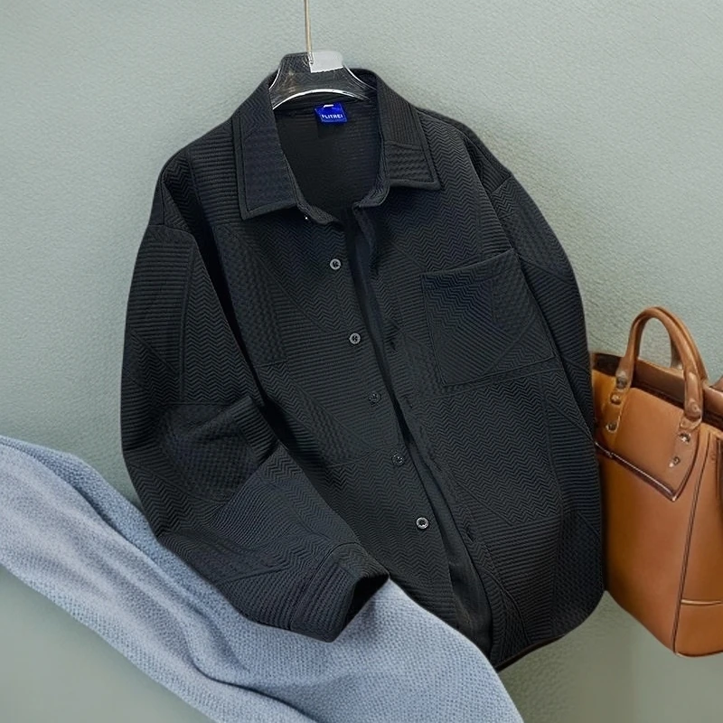 新款提花长袖衬衫男士日系复古港风休闲潮流痞帅设计时尚小众衬衣