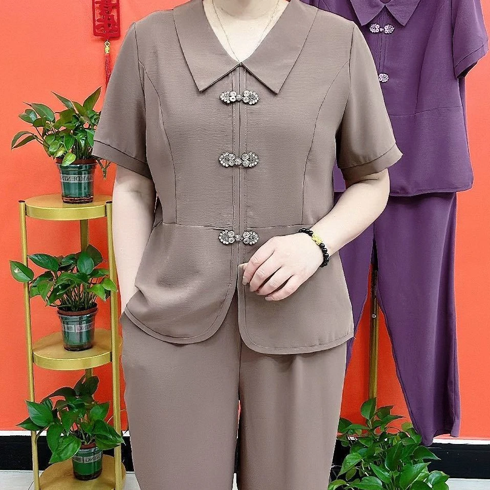 高档显瘦新款夏季时尚两件套百搭气质妈妈装复古盘扣民族短袖套装