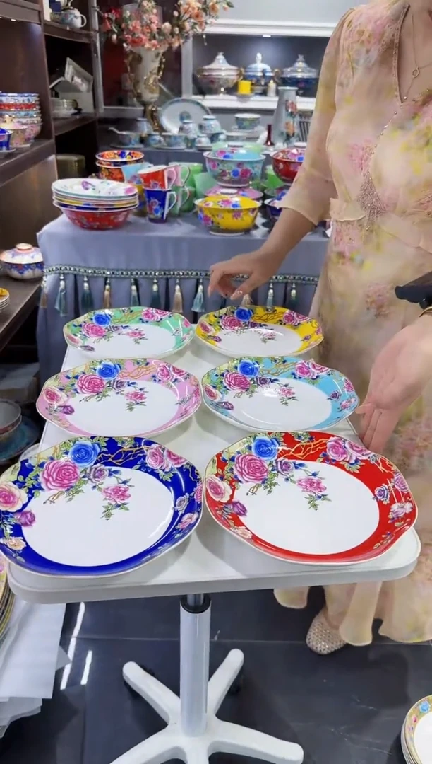 珐琅 8英寸花口圆深盘6个景德镇陶瓷