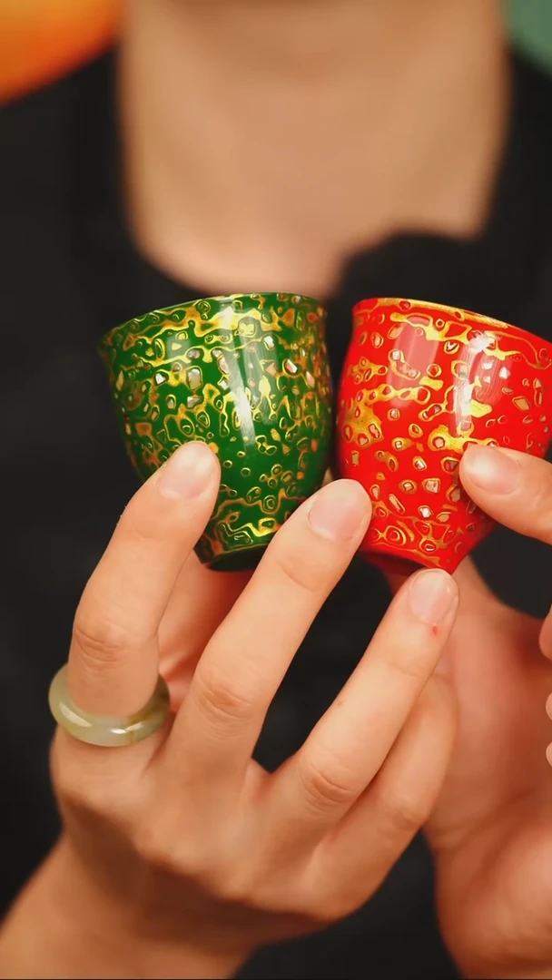 @犀皮螺钿镶嵌客杯2个绿金红金@非遗大漆