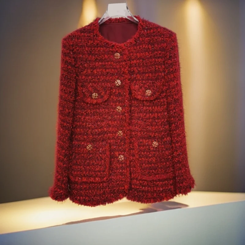 【红玫瑰】单里+鹅绒春秋中长款红色高端小香风显瘦显白女上衣