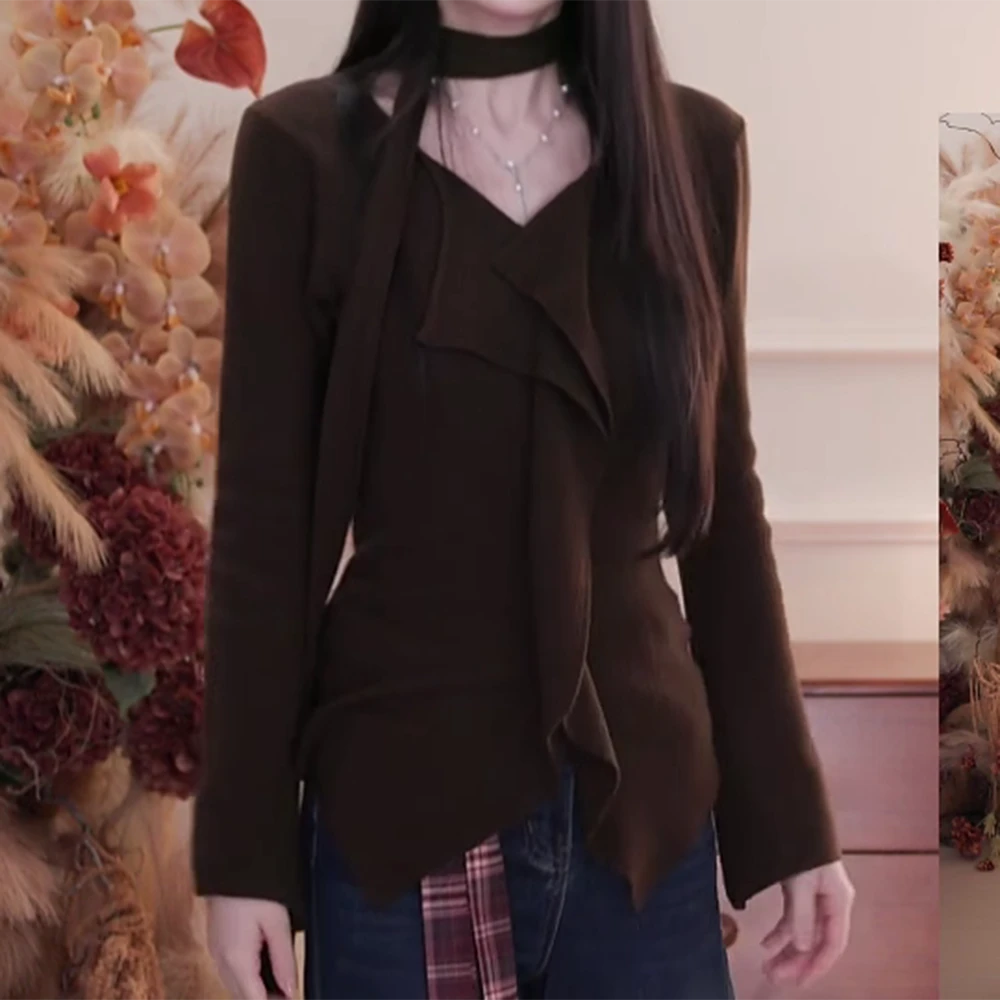 灰色不规则飘带长袖针织衫设计感修身小衫上衣C6199