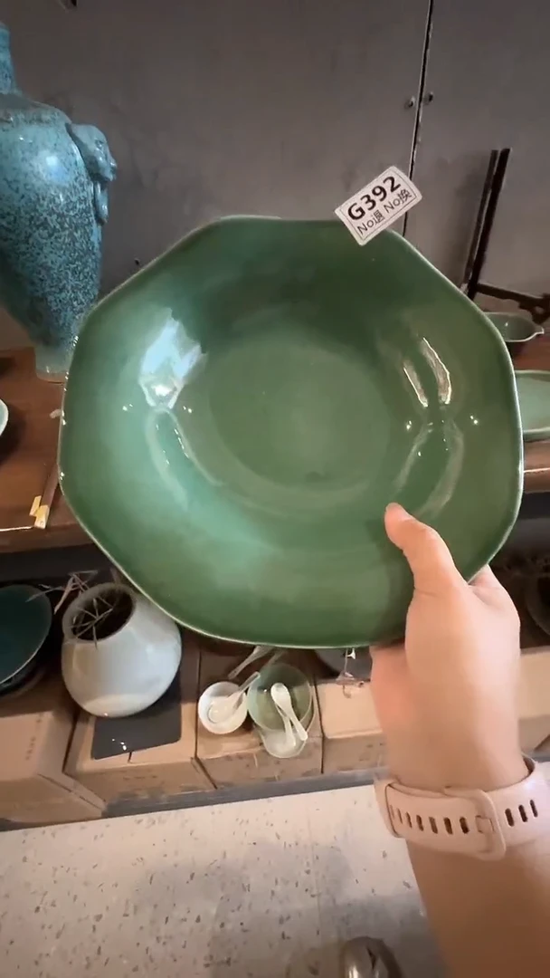 陶瓷天**清g392荷花绿大盘