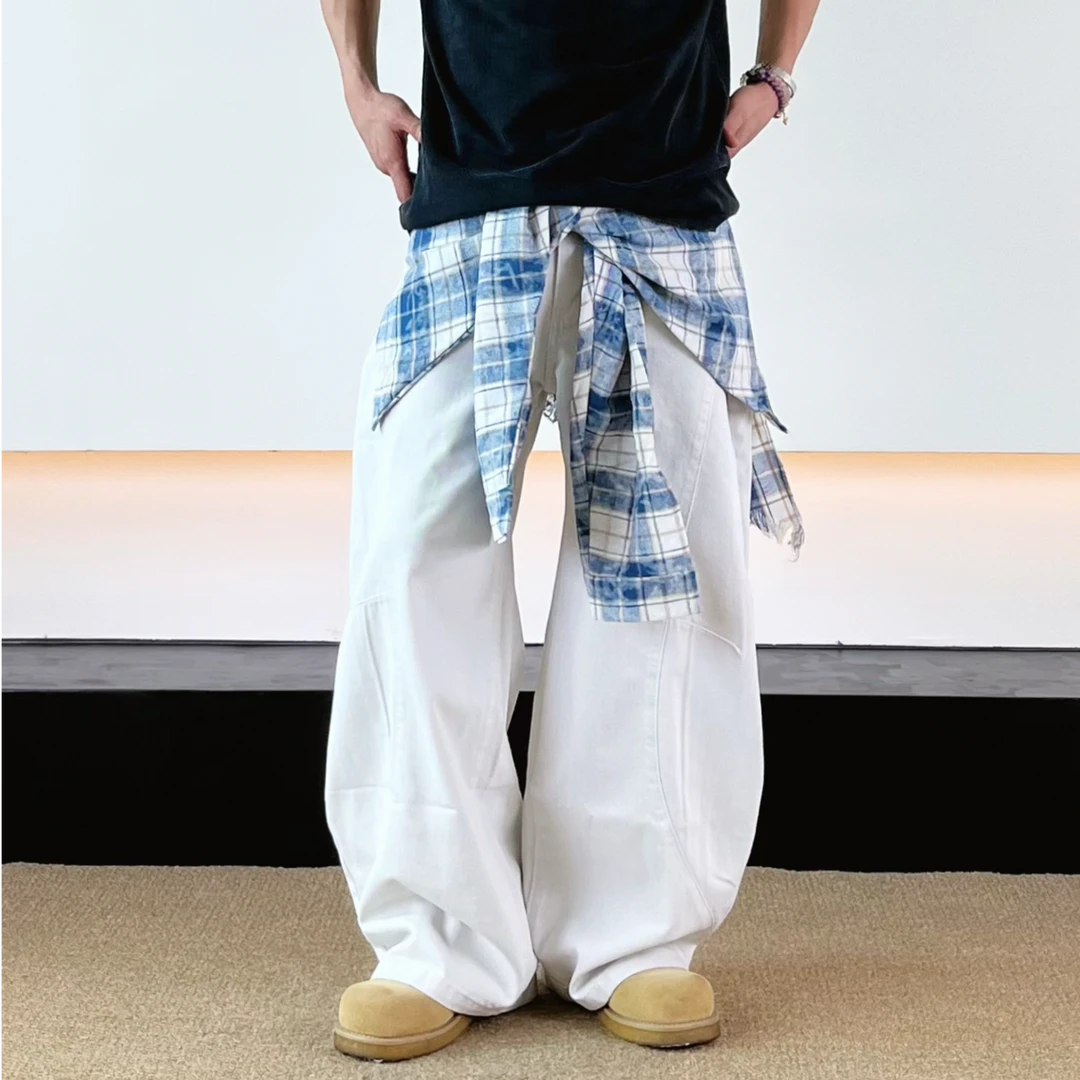 SWAG美式潮牌可拆卸格子屁帘弯刀牛仔裤男女cleanfit小众阔腿裤子