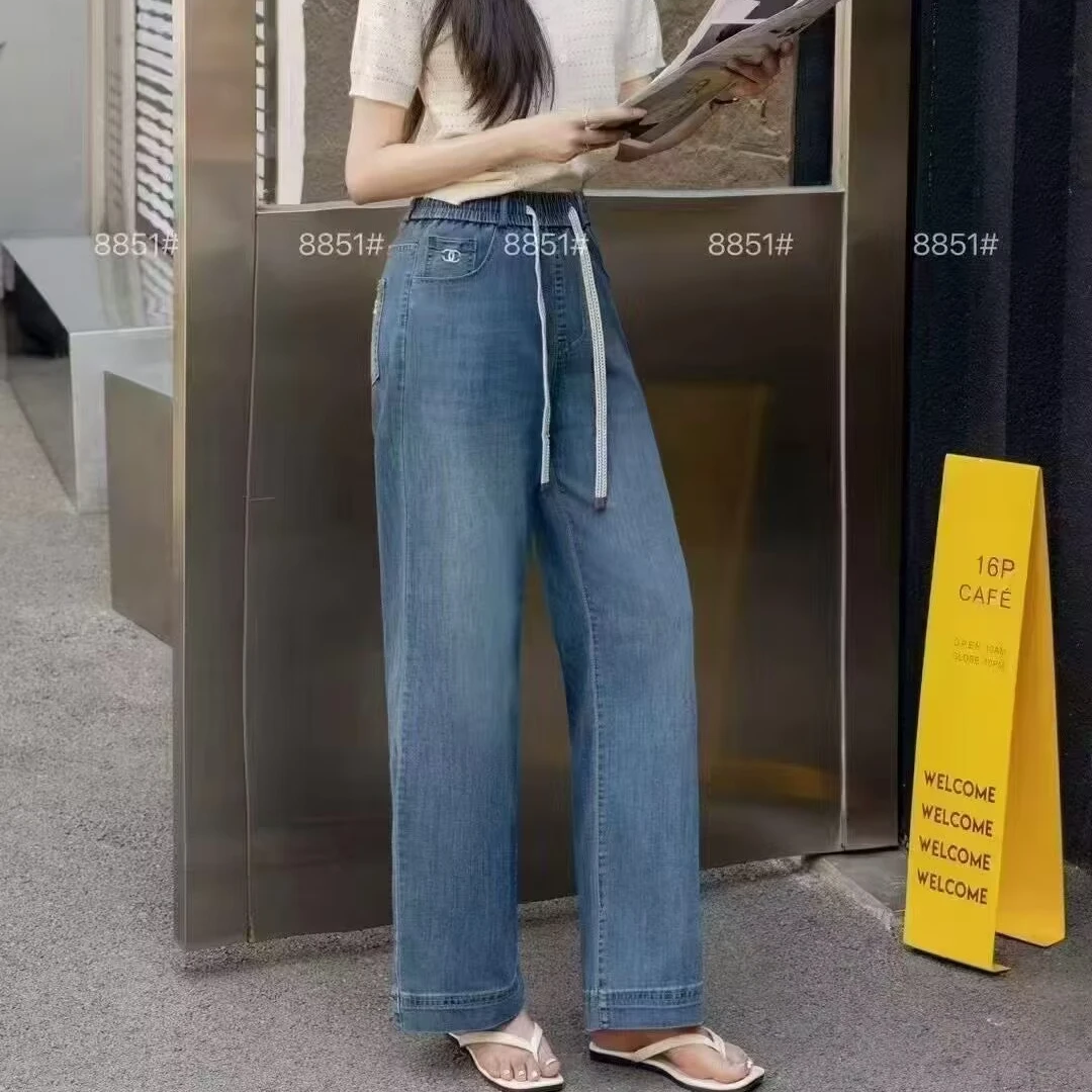 8851薄弹力松紧腰直筒裤