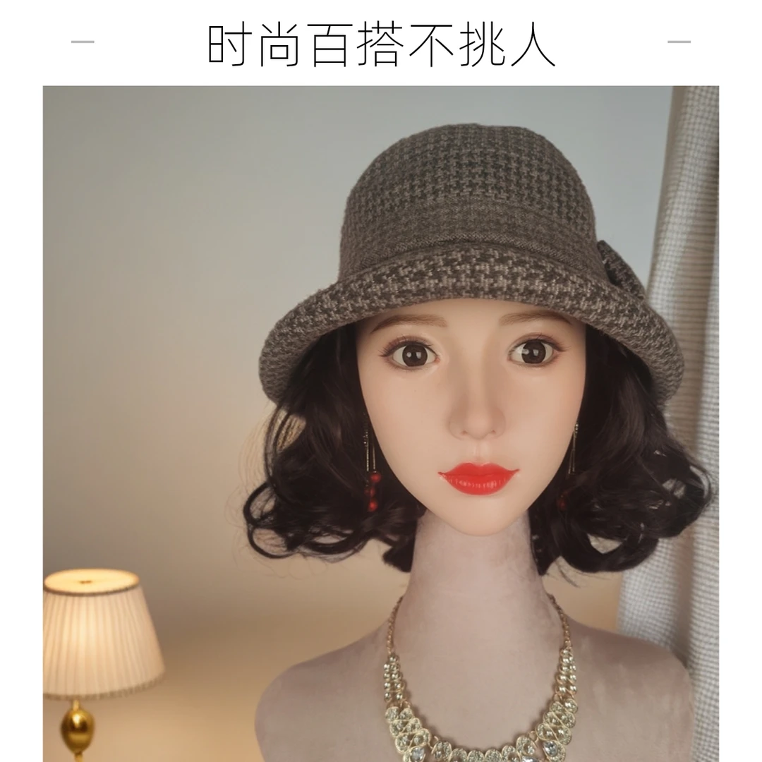帽子假发新款中老年妈妈百搭礼帽深棕色梨花烫假发一体渔夫帽