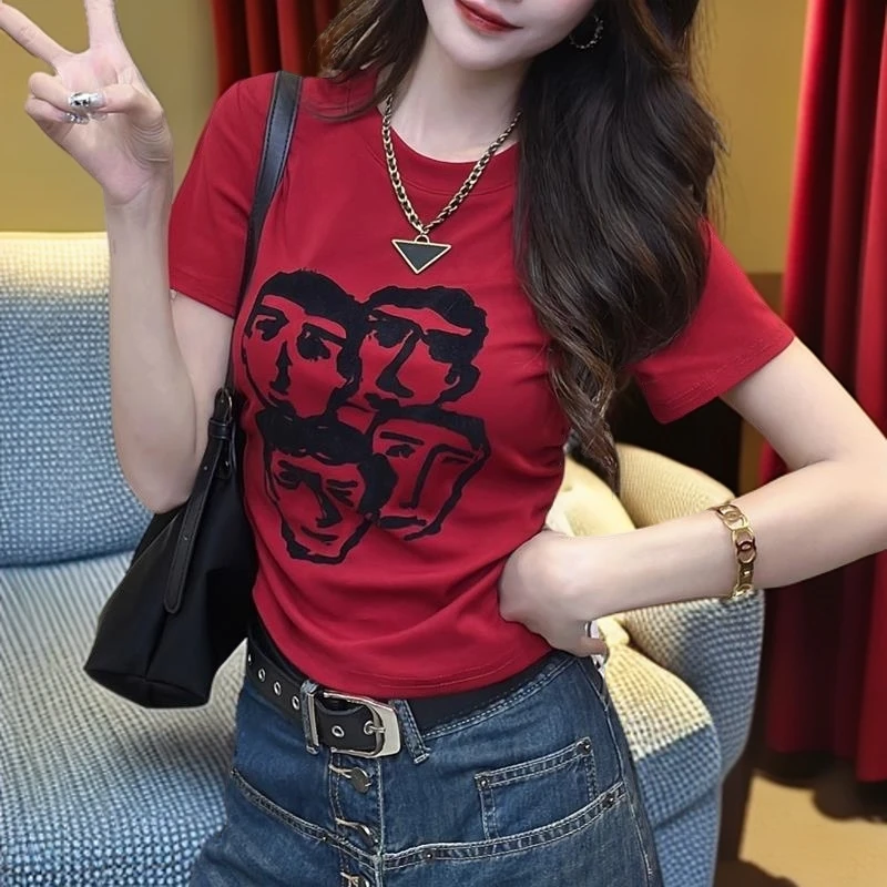 辣妹正肩圆领短袖t恤女夏季2025年新款美式印花收腰显瘦短款上衣