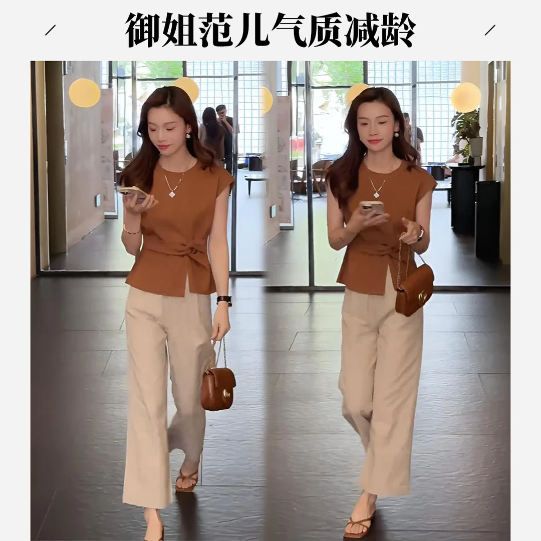 韩版御姐范时尚穿搭2025夏款气质减龄收腰系带短袖休闲裤两件套女