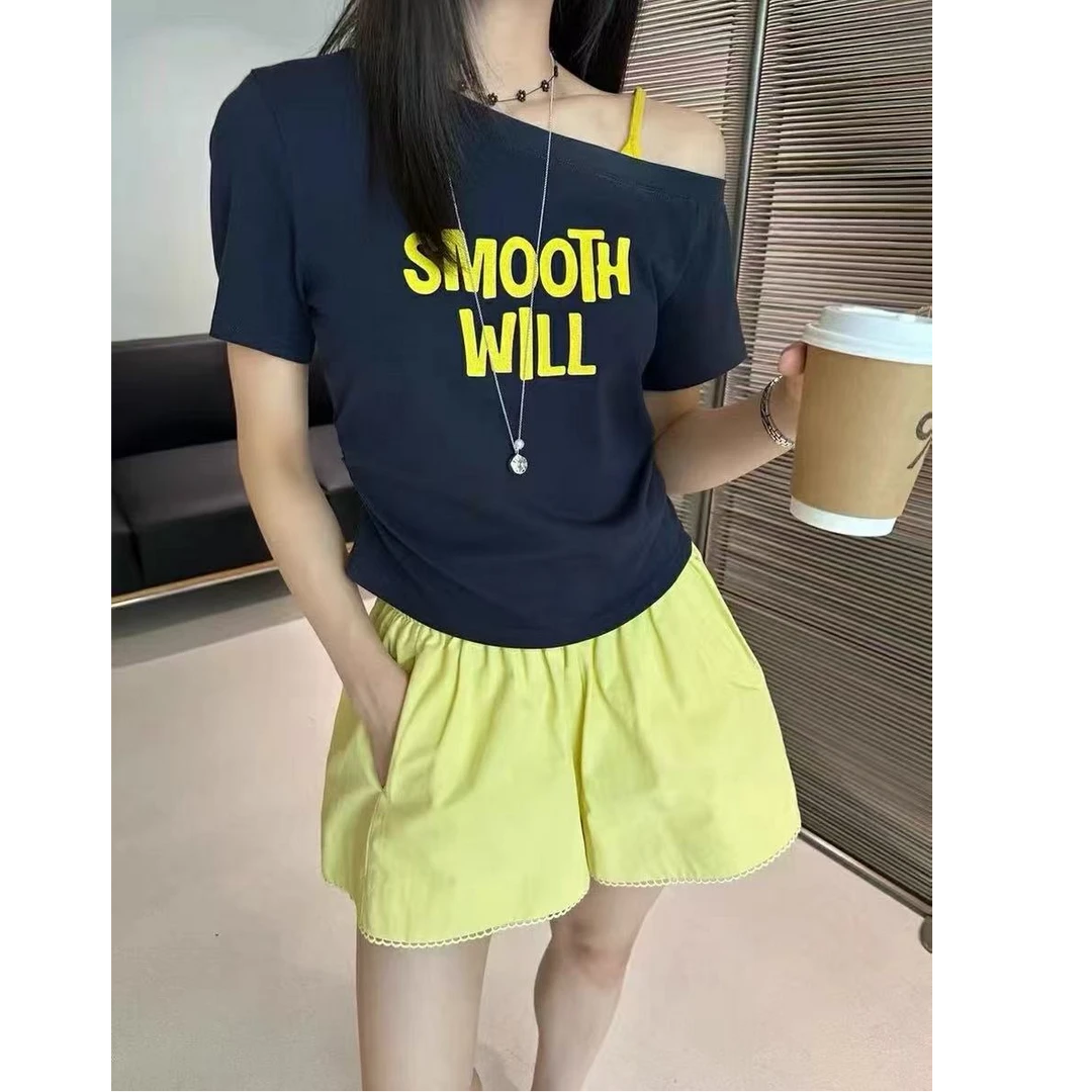 2025韩版气质时尚夏季印花斜肩设计感修身显瘦百搭简约短袖T恤.