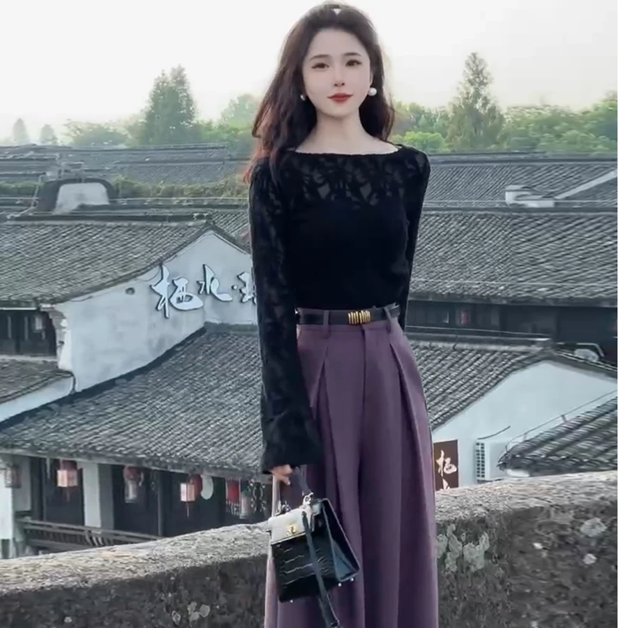 早秋穿搭套装2025设计感气质修身国风复古长袖衬衫阔腿裤两件套女