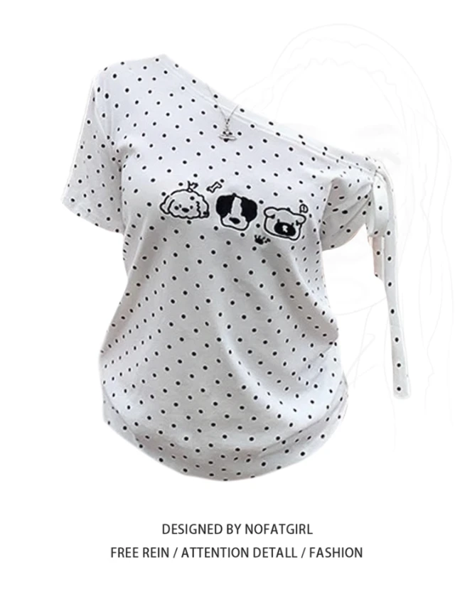 大码胖MM纯欲风波点斜肩短袖T恤女夏季新款宽松显瘦百搭露肩上衣