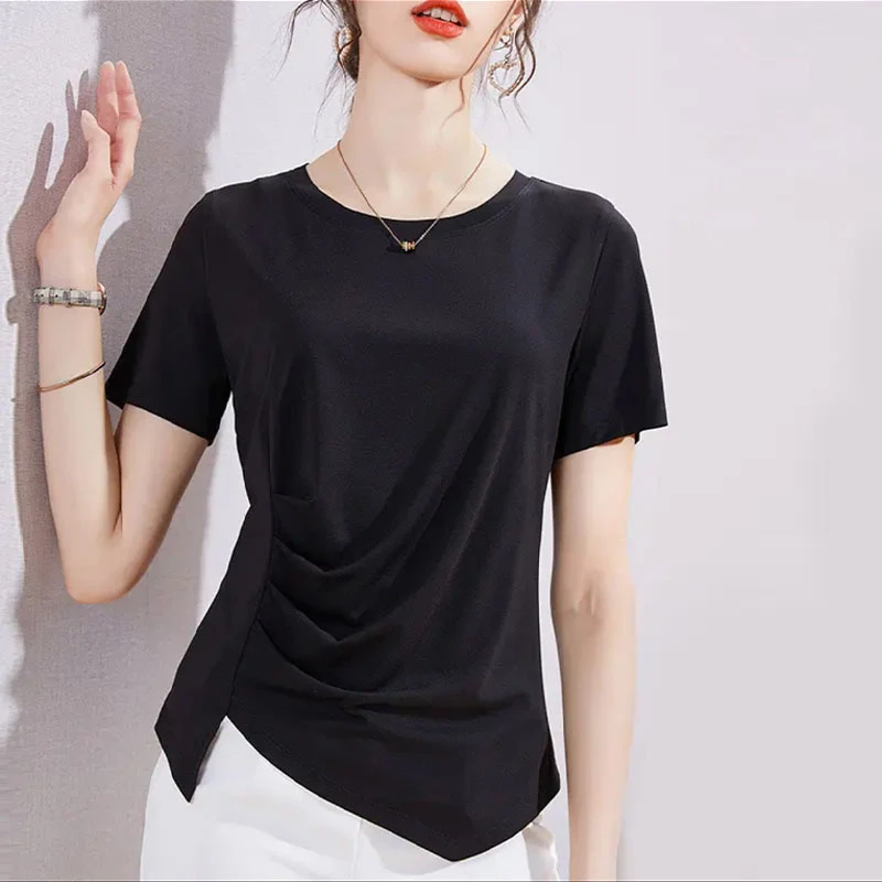 短袖夏季新款女t恤设计感褶皱时尚日常休闲圆领修身显瘦短款上衣