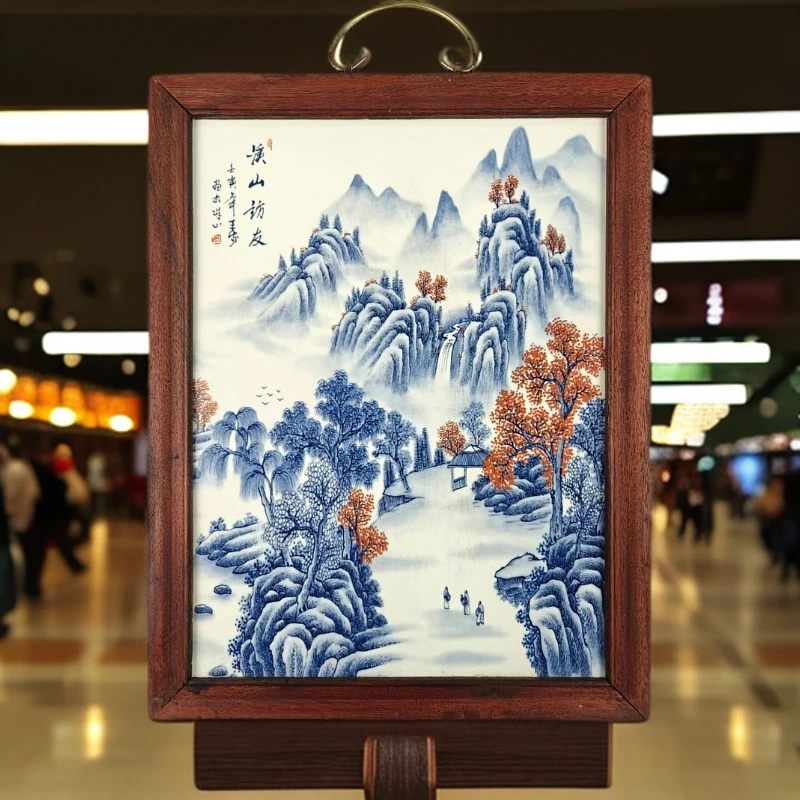 景德镇瓷板画溪山访友手工青花陶瓷实木边框37*29cm