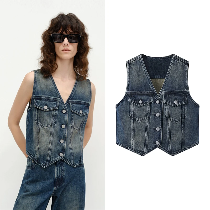 【摩家订单】25春新品粗犷洗旧棉质时装短款牛仔马甲阔腿裤K5559