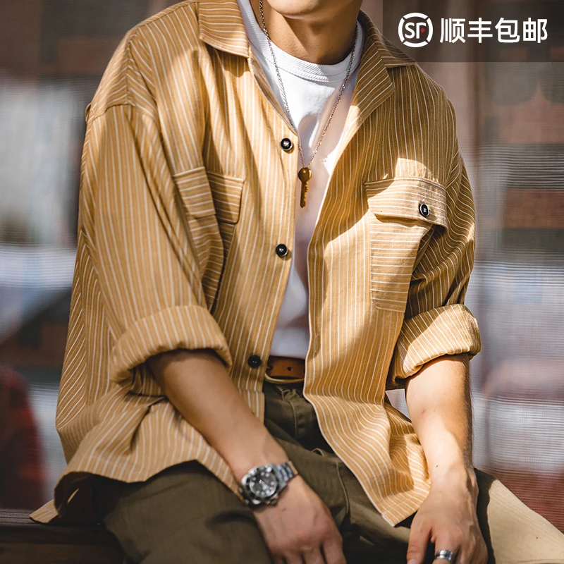 马登工装美式复古鹅黄色条纹古巴领衬衫阿美咔叽古着长袖上衣男潮