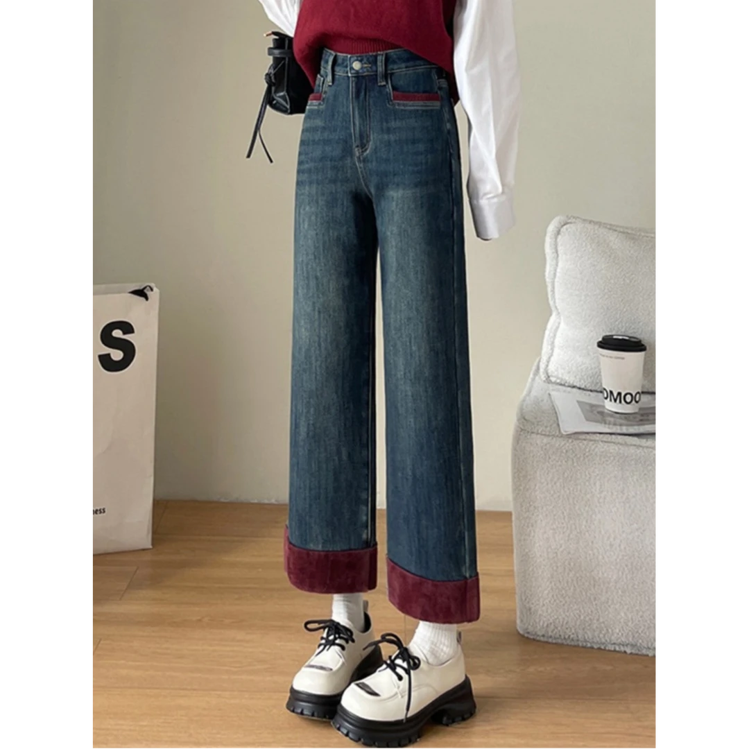 深蓝卷边撞色设计感阔腿牛仔裤女春季新款高腰宽松显瘦垂感裤子潮