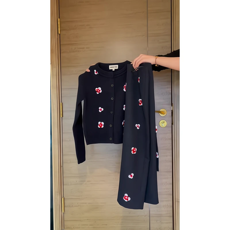 2025春夏碎花减龄温柔风法式圆领长袖上衣立体花朵针织衫半身裙女