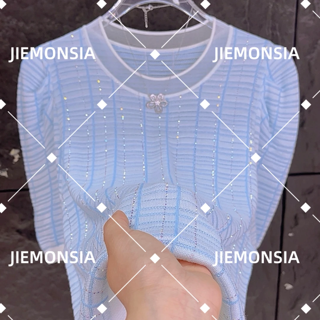 【JIEMONSIA】2025新款烫钻圆领显瘦气质轻奢时尚百搭短袖针织衫