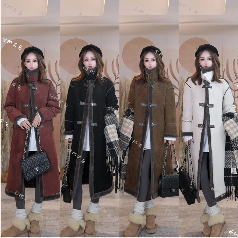 Y1美拉德麂皮绒皮毛一体长款大衣外套女2025冬季新款加厚爆款